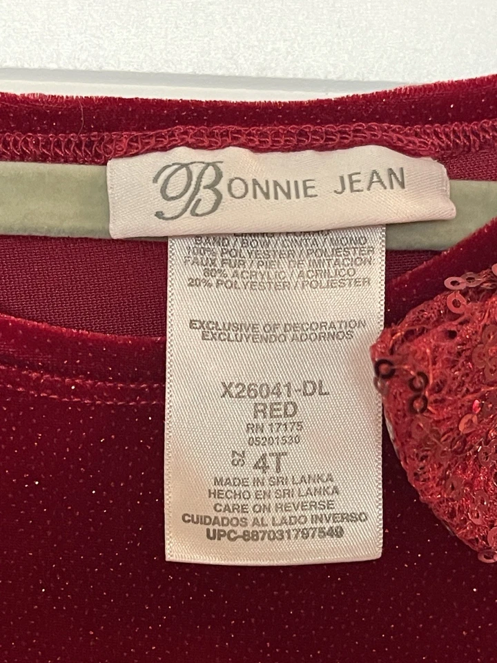 Bonnie Jean Girls Red Mrs Claus Sparkle Velvet Dress Jeweled Bow Faux Fur Sz 4T - Image 3 of 4