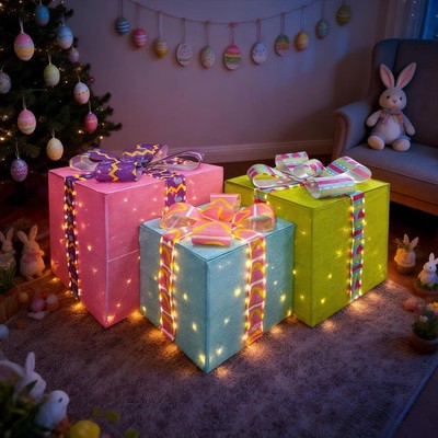 Large Lighted Easter Gift Boxes - 3PCS LED Decor, Warm White, Spring Party, Indo