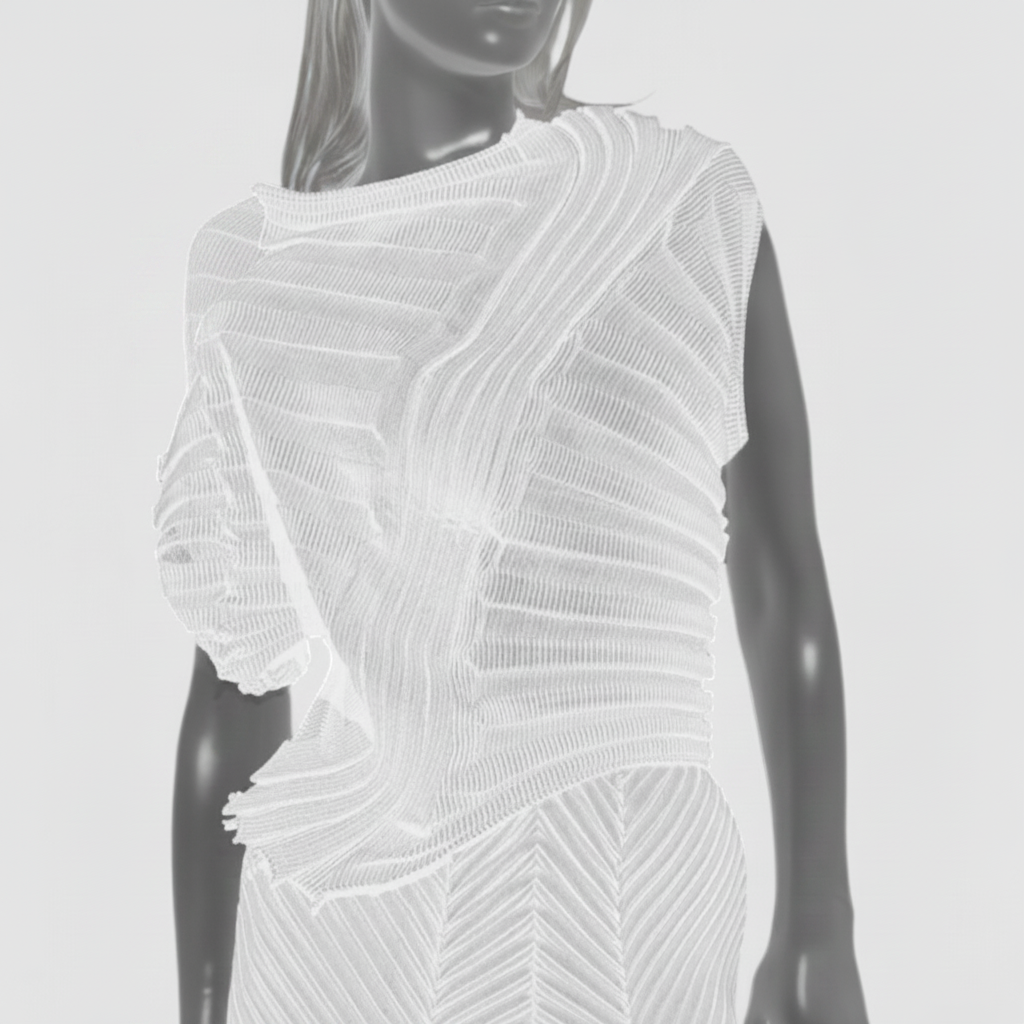 Issey Miyake Women's White Asymmetric Ribbed Knit Japan Plissé