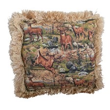 Decorative Throw Pillow Forest Scene Whitetail Deer Turkey Raccoon Fringe