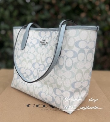 Coach Medium City Tote Bag In Signature Canvas Silver/Chalk/Blue 