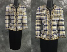 BEAUTIFUL St John collection jacket blue black white knit suit blazer size 8