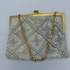 White Beaded Sequin Evening Purse Faux Pearl Gold Frame Handmade Hong Kong