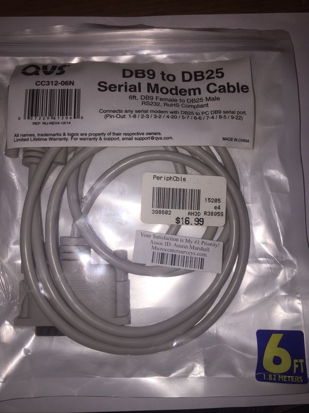QVS DB9 Female to DB25 RS232 Serial Male Adapter 6 ft RoHS Compliant