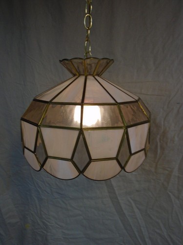 Vintage MCM SWAG CHAIN LAMP - ROSE COLOR LEADED GLASS - Picture 5 of 9
