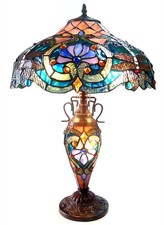 Tiffany Style Stained Glass Lighted Base Victorian Table Lamp Handcrafted 24.5"