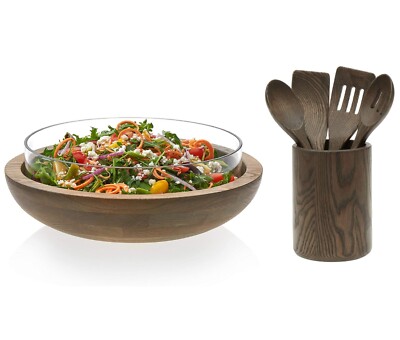 LIBBEY 4-PC KITCHEN UTENSILS & LARGE GLASS/WOOD NESTING SALAD SERVING BOWL SET