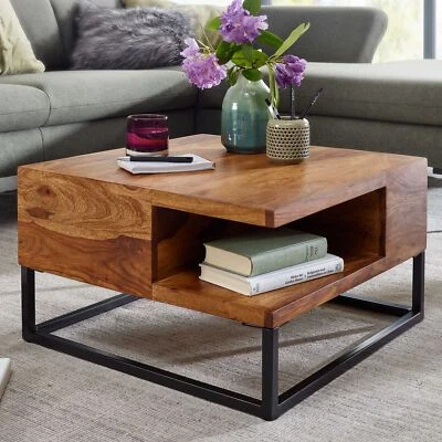 FineBuy Table Basse de Salon Bois Massif Métal 60x60x34,5 cm Carré Table Canapé - Photo 1/4