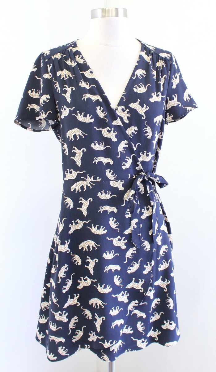 J Crew Navy Blue Leopard Cat Print Short Sleeve Tie Wrap Dress