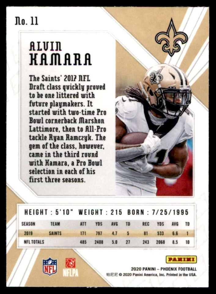 2020 Panini Phoenix Fanatics Fire Burst #11 Alvin Kamara New Orleans Saints Card - Image 2 of 2