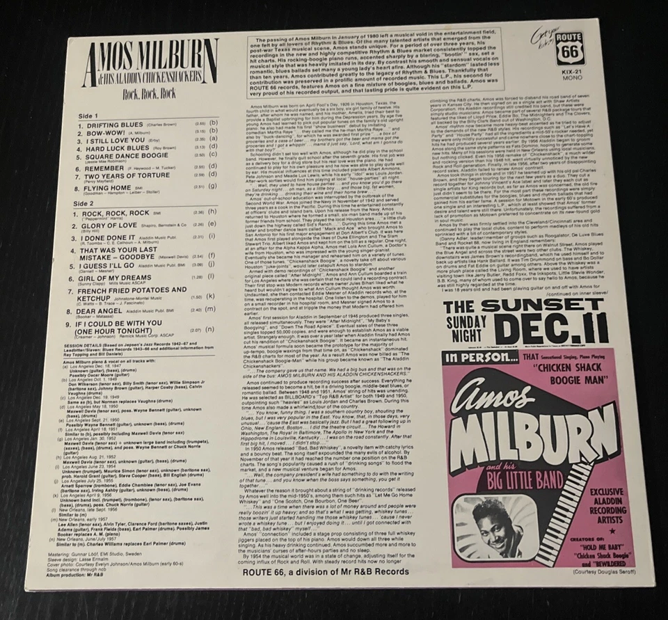 Amos Milburn- GREAT IMPORT BLUES LP -ROUTE 66 KIX-21 - Image 2 of 4