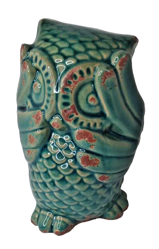 Teal ceramic peek a boo owl with brown accents no chips or cracks-image