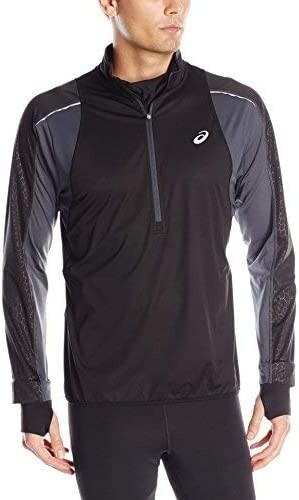 Asics Men's Run Light Half Zip Athletic Thumbholes Jacket, Black/ Flint,  2XL