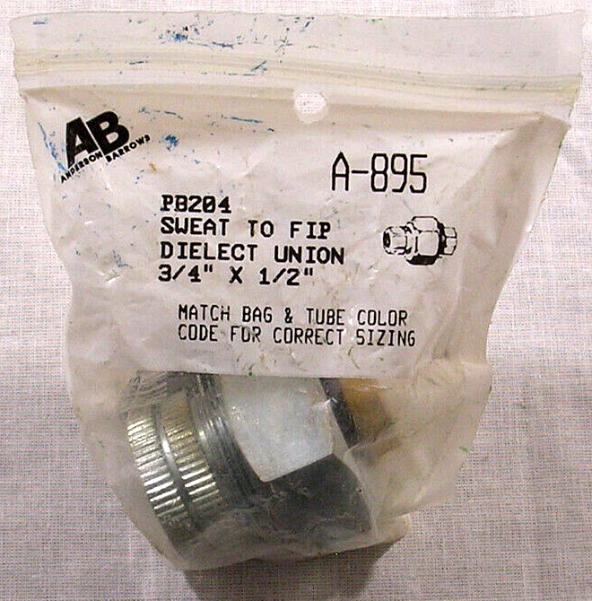 PB204 SWEAT TO FIP Dielectric Union 3/4" x 1/2”  A-895 Anderson Barrows NOS 1996