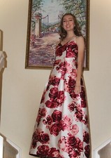Windsor Prom Dress Long, Pink Roses, Small, Pockets, V neck, Adjustable