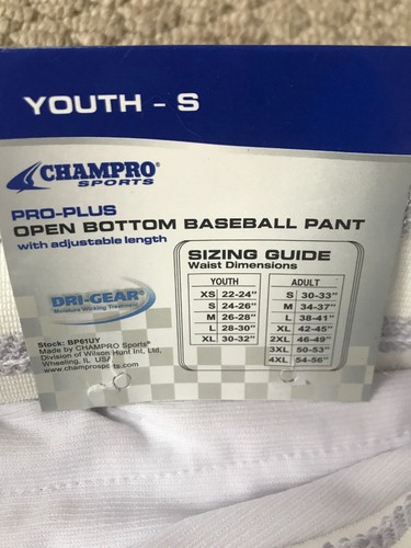 NEW Baseball Pants White Black Stripe Youth Small CHAMPRO Adjustable Length - Picture 3 of 6