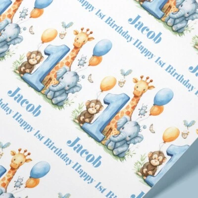 GIFT WRAP 4U Blue 1st Birthday Wrapping Paper - Personalised Name Safari Baby Boy Gift Wrap