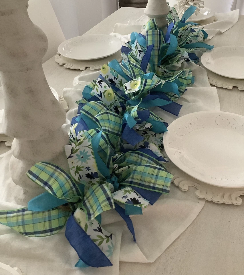 Guirnalda de corbata de trapo de primavera hecha a mano, guirnalda de granja de primavera, guirnalda de Pascua de 4 pies Foto 4 de 4