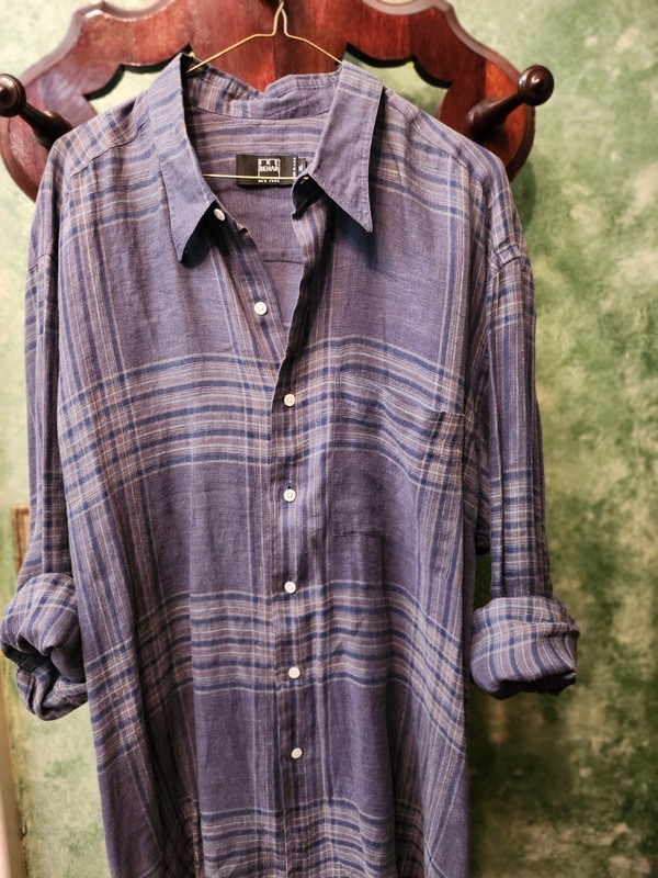 Ike Behar Men's 100% Thin-paper Lightweight Linen Blue Plaid XL Made in USA VTG