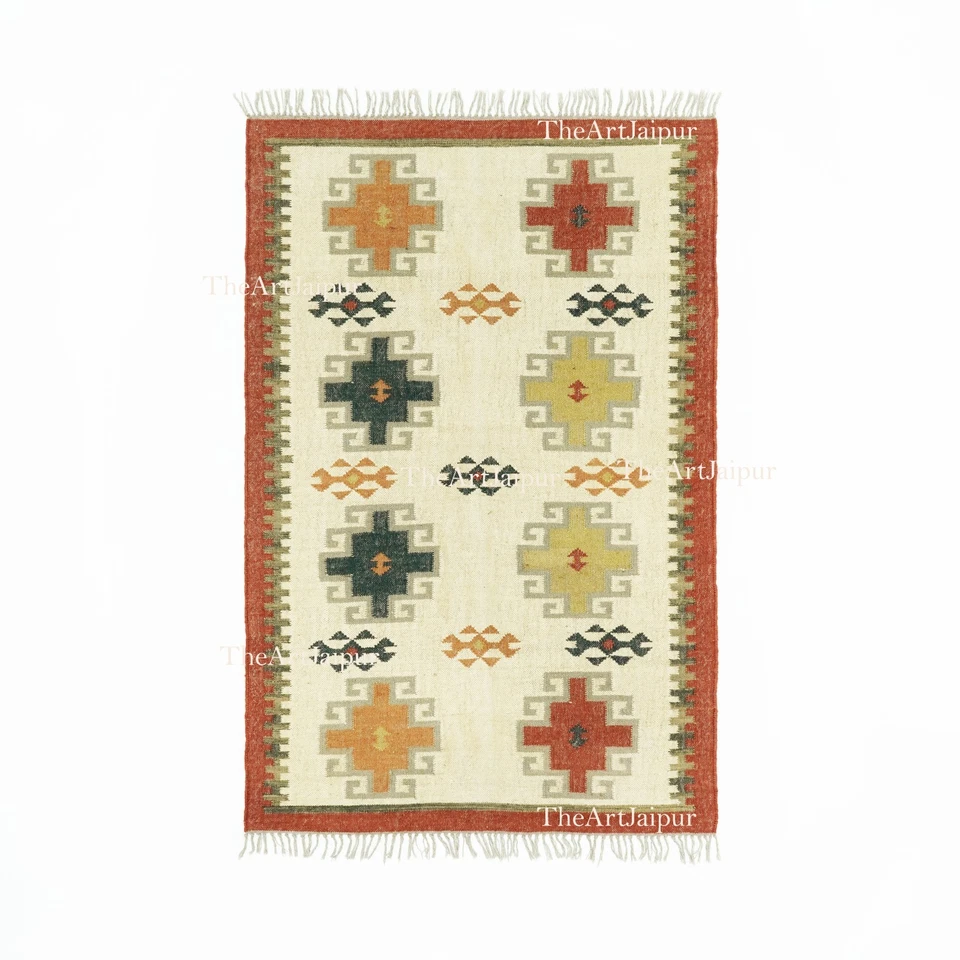 Alfombra de yute de lana Kilim, alfombra tejida a mano, alfombra decorativa boho, alfombra de piso de tamaño personalizado Foto 2 de 4
