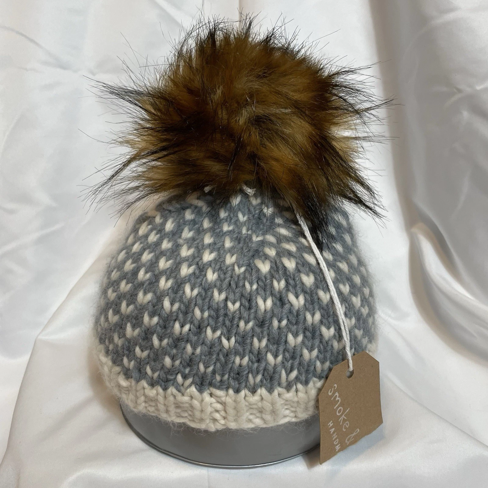 New Smoke & Co. Child’s Merino Wool Beanie With Faux Fur Pom, 12M-24M, Wht & Gr