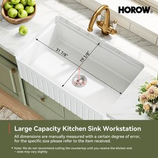 HOROW Kitchen Sink Fireclay 33x20 inch Single Bowl Farmhouse Apron Workstation