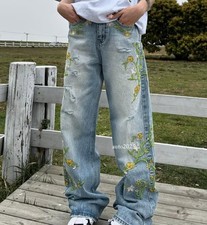 Mens Blue Denim Jeans Straight Leg Floral Embroidery Printed Pants Punk Trousers