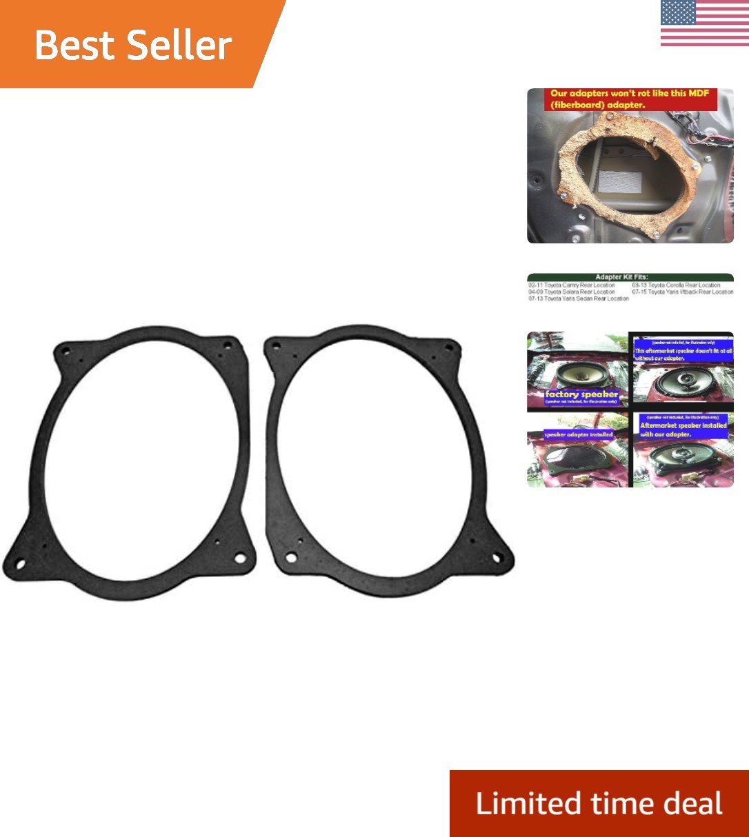 No-Cut, 1/4" Thick Speaker Adapter Rings for 2002-2011 Camry & 2003-2013 Corolla