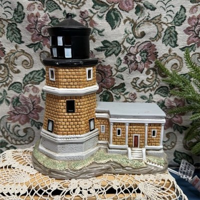 Lefton Ceramic Lighthouse Night Light 1993 120V Corded Switch Brown/White/Black
