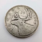 Canada 1946 25 Cents 25c Canadian Caribou Quarter Coin - 80% Silver - ASW .150oz