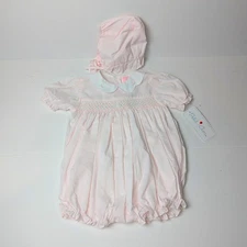 NWT Petit Ami Pink Smocked Bubble Romper 9 Months & Bonnet Hand Embroidered