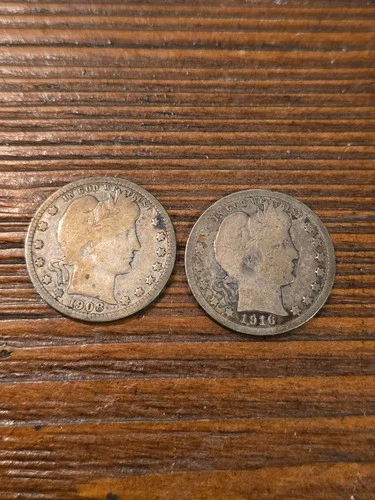 1908-S & 1916-D Barber Silver Quarters 90% US Coins Antique Estate Find