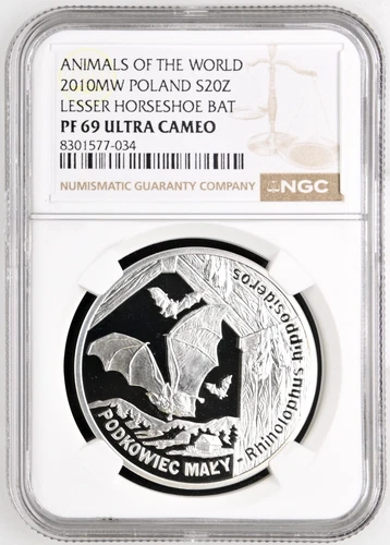 2010 POLAND LESSER HORSESHOE BAT S20Z Silver Proof Zlotych NGC PF 69 ULTRA CAMEO