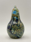 Studio Art Glass Pear Paperweight Ornament Blue Gold Swirl
