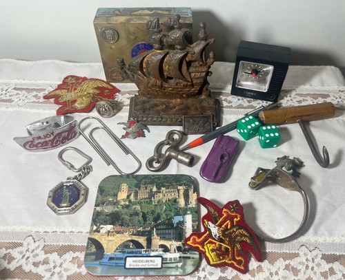 Random Trinket Item Lot Budweiser Patch, Coca-Cola, Hook, Toy Car, Dice, Timex - Picture 1 of 7