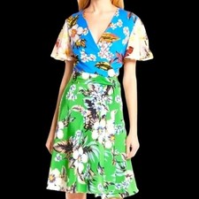 $498 Diane von Furstenberg Silk Flutter Sleeve Multicolor Print Wrap Dress S