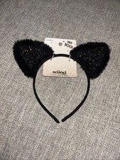 Sc nci Cat Ears Trick or Treat Headband - 1 Piece Black Fur Glitter New Hey Boo