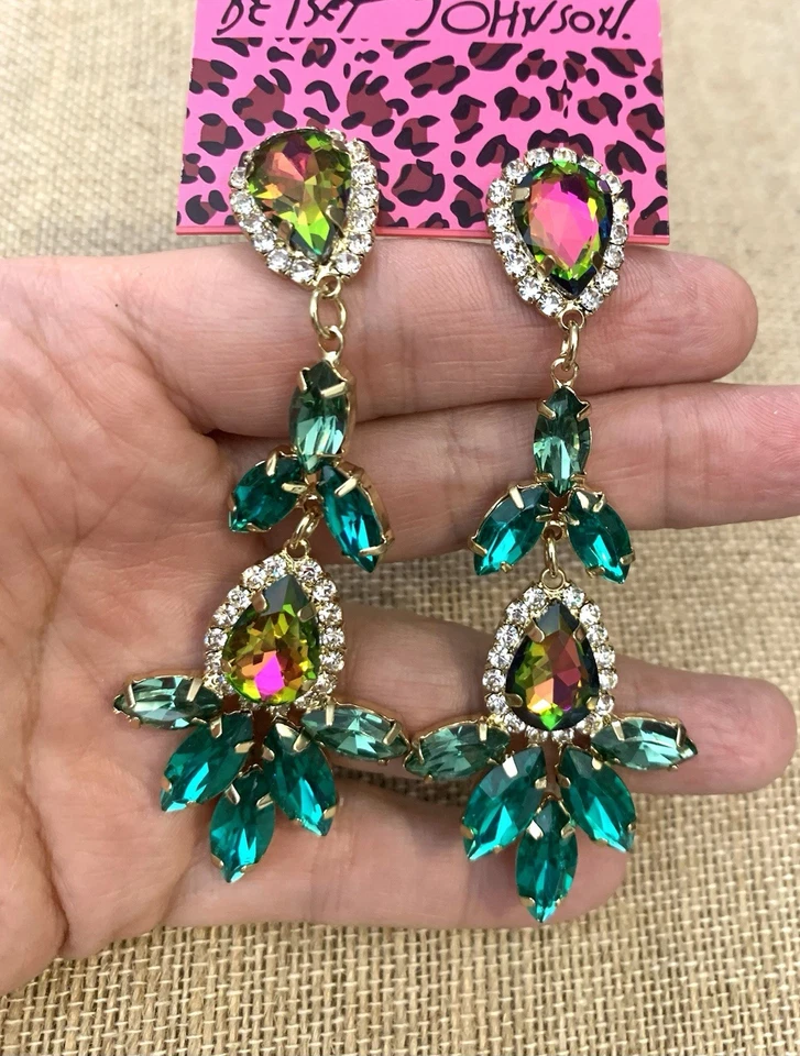 优雅的水钻吊坠耳环金色蓝绿色粉色 AB Betsey Johnson — 第 4/4 张图片