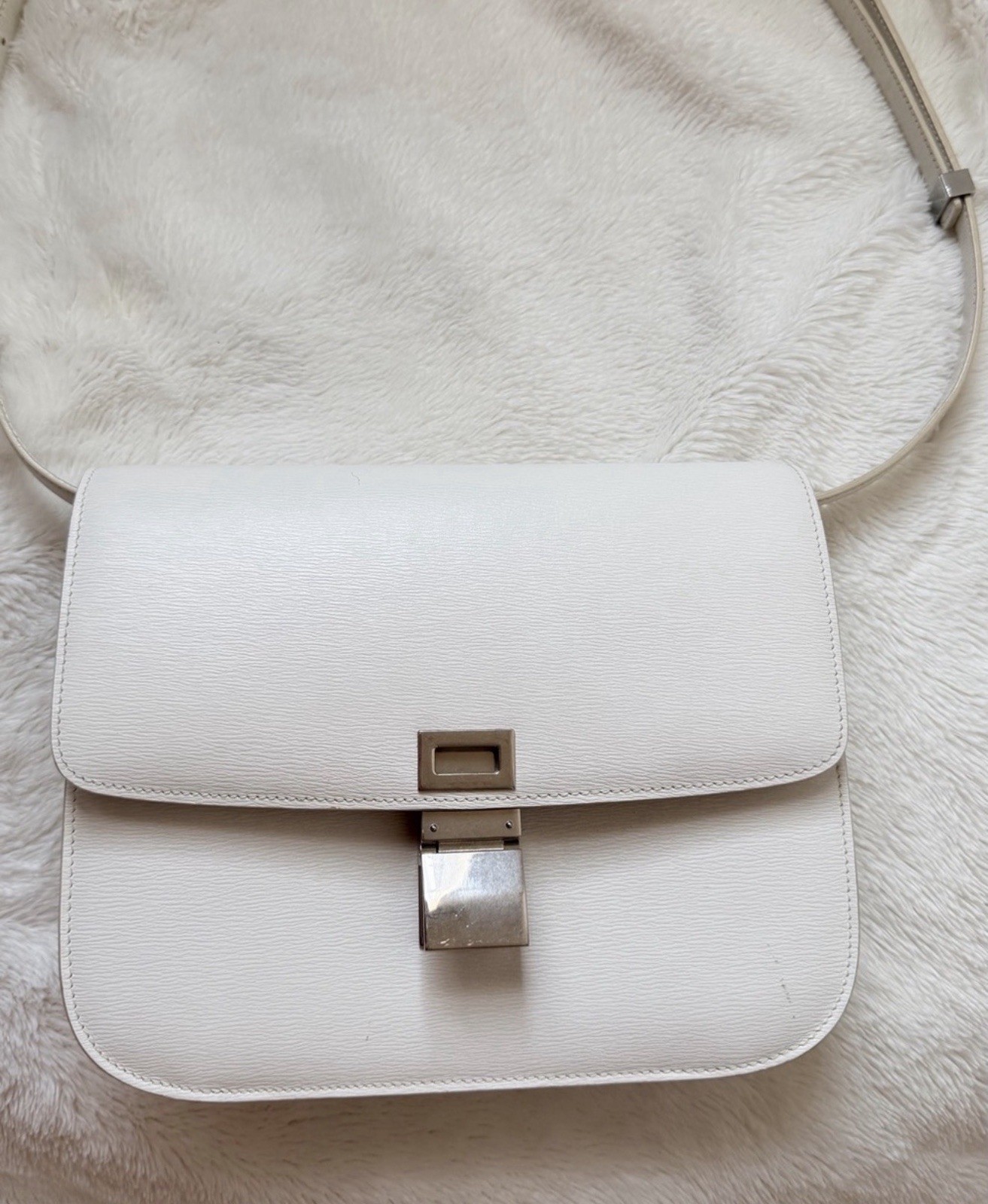 CELINE White Classic Shoulder Bag Silver Buckle Solid Medium w/ Auth Cert — image 4
