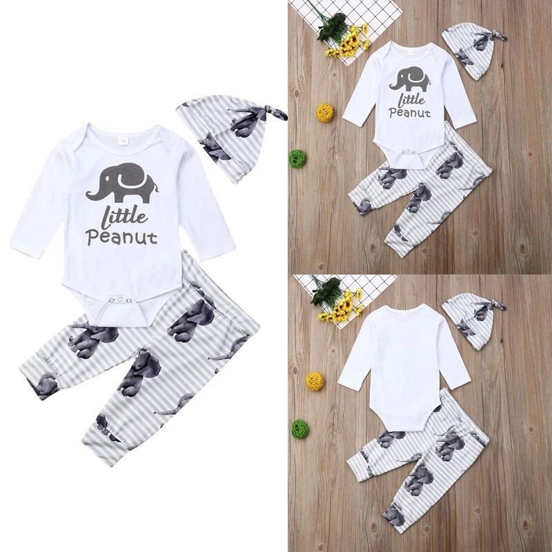 3PCS Newborn Baby Boys Romper Tops Pants Hat Elephant Clothes Outfits Set Kids