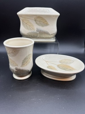 3 PC GLAZED CERAMIC BATH ACCESSORY SET - Toothbrush Holder, Soap Dish & Cup