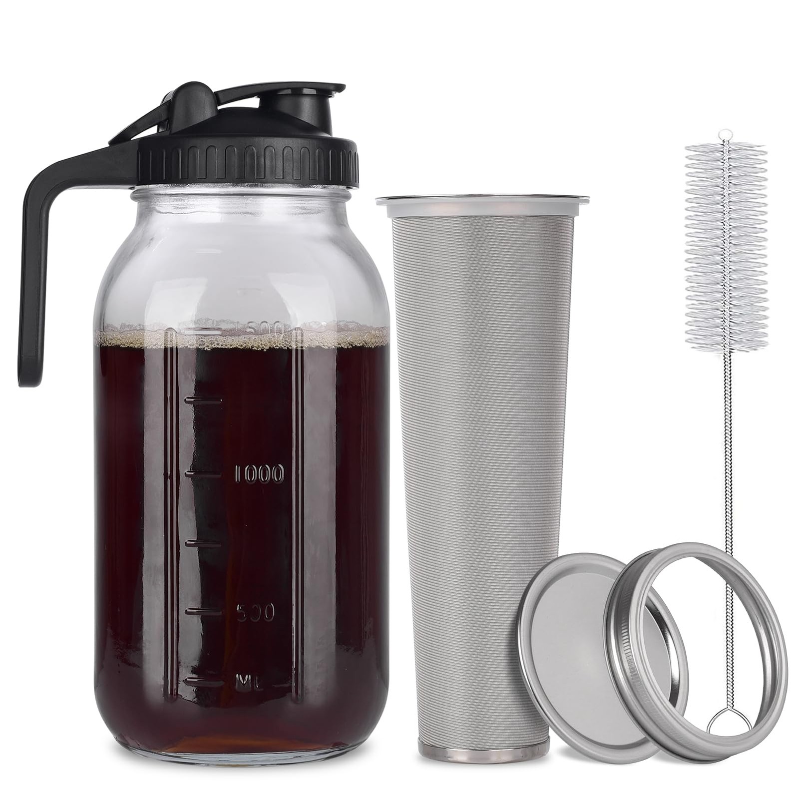 Cold Brew Mason Jar iced Coffee Maker, Durable Glass, - 64 oz (2 Quart / 1.9 ...