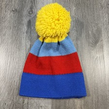 Vintage 1970s Wool Pom Beanie Blue Red Yellow Ski Hat One Size
