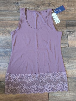 TOM TAILOR Tank Top Gr. L lila taupe violett Spitzen Top Shirt NEU ärmellos