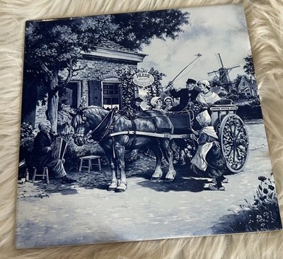 Vintage Mosa Holland Delft Style Circa 1984 Tile Blue White Woman Horse Buggy