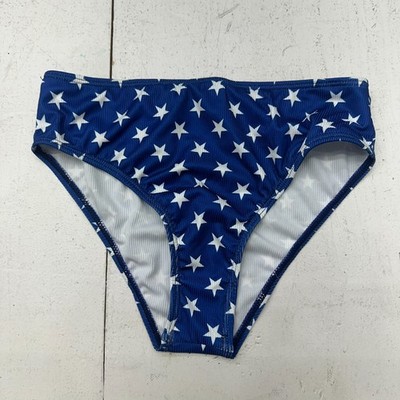 Blue White Star Printed Ribbed High Waisted Bikini Bottoms Girls Size 13-14Y NEW