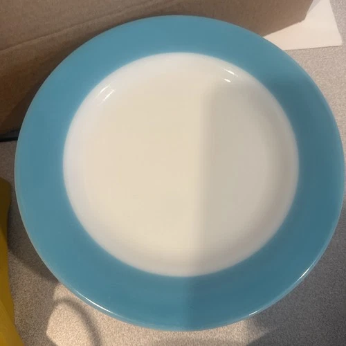 Set of 11 Vtg PYREX BLUE BAND Milk Glass DINNER PLATE 10" Turquoise Aqua Rim USA