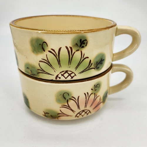 Vintage Pair Pottery Soup Cup Handled Mugs Bowls Hand Painted Flowers ICE CREAM