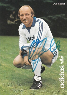 NOV069) PC Finland 1987, Adidas Uwe Seeler signed in blue marking pen