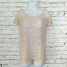 ELLE Womens Blouse Small Pink Lace Sheer Top Short Sleeve Scoop Neck Nylon